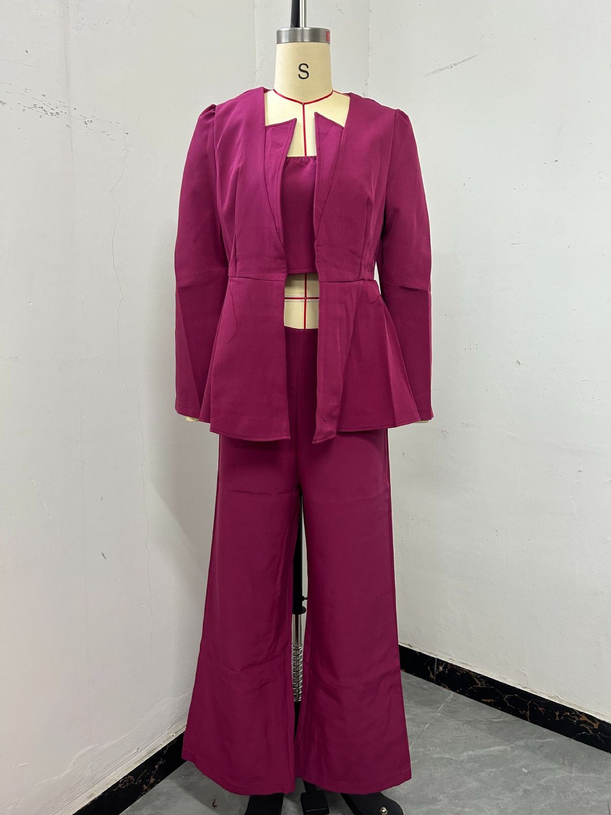 Women's Three Piece Suit Set European And American Style Cross Border Trade Autumn Lapel Tube Top High Waist Straight Lead Pants_ecoleips.com