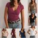 2026 Summer New Fashion Women's T-Shirt Solid-Color Slim-Fit V-Neck Short-Sleeve Top Y2k Clothing_ecoleips.com