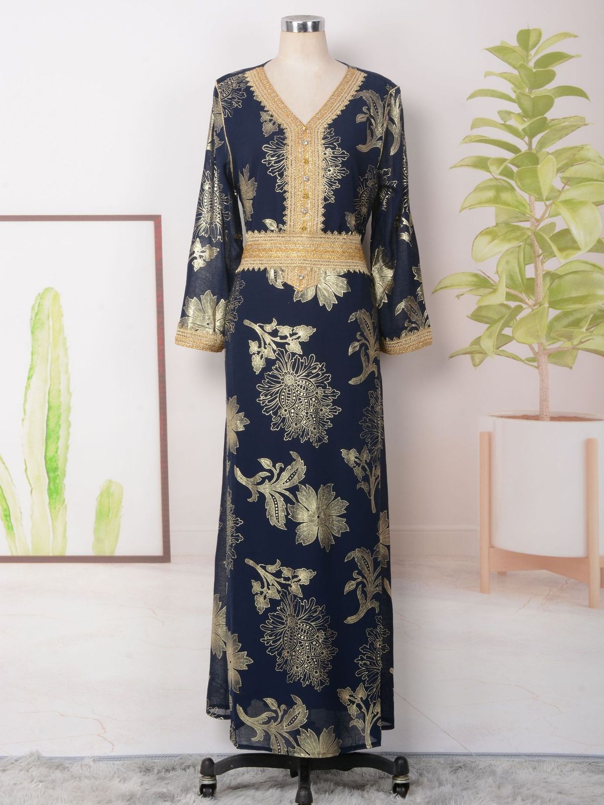 Women's Clothing Downstream Hot Selling Long Sleeved V Neck Hot Stamping Fashion Dress Middle East Arab Dubai Robe_ecoleips.com