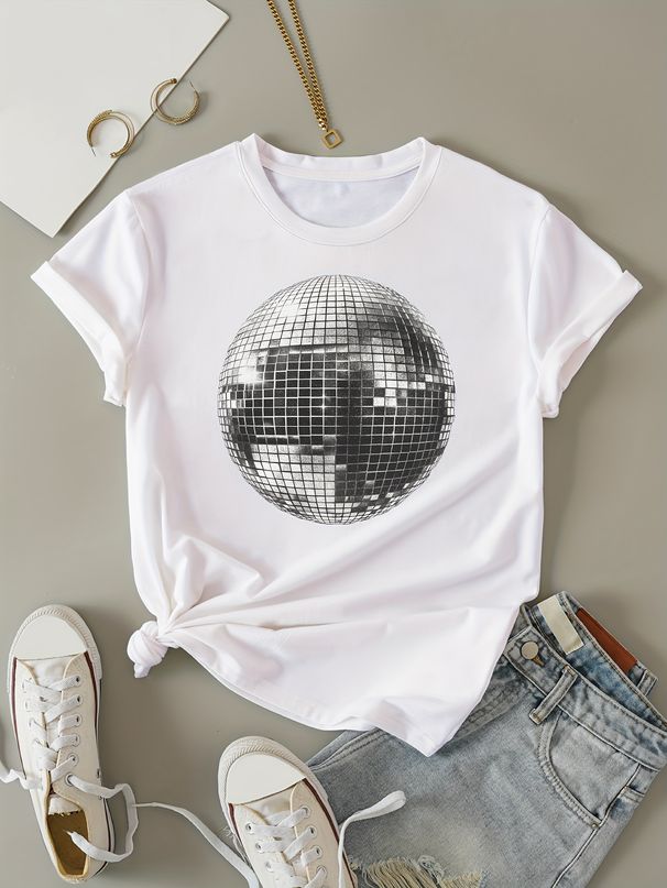 Women's Clothing Disco Ball Print Crew Neck T-shirt Short Sleeve Casual Travel Tops Summer Spring Women's Couple Olympic Top_ecoleips.com