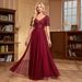 Women's Clothing Elegant Short Sleeved Splicing Double V Neck A Line Tulle Evening Dress A Line Sequined Dress_ecoleips.com
