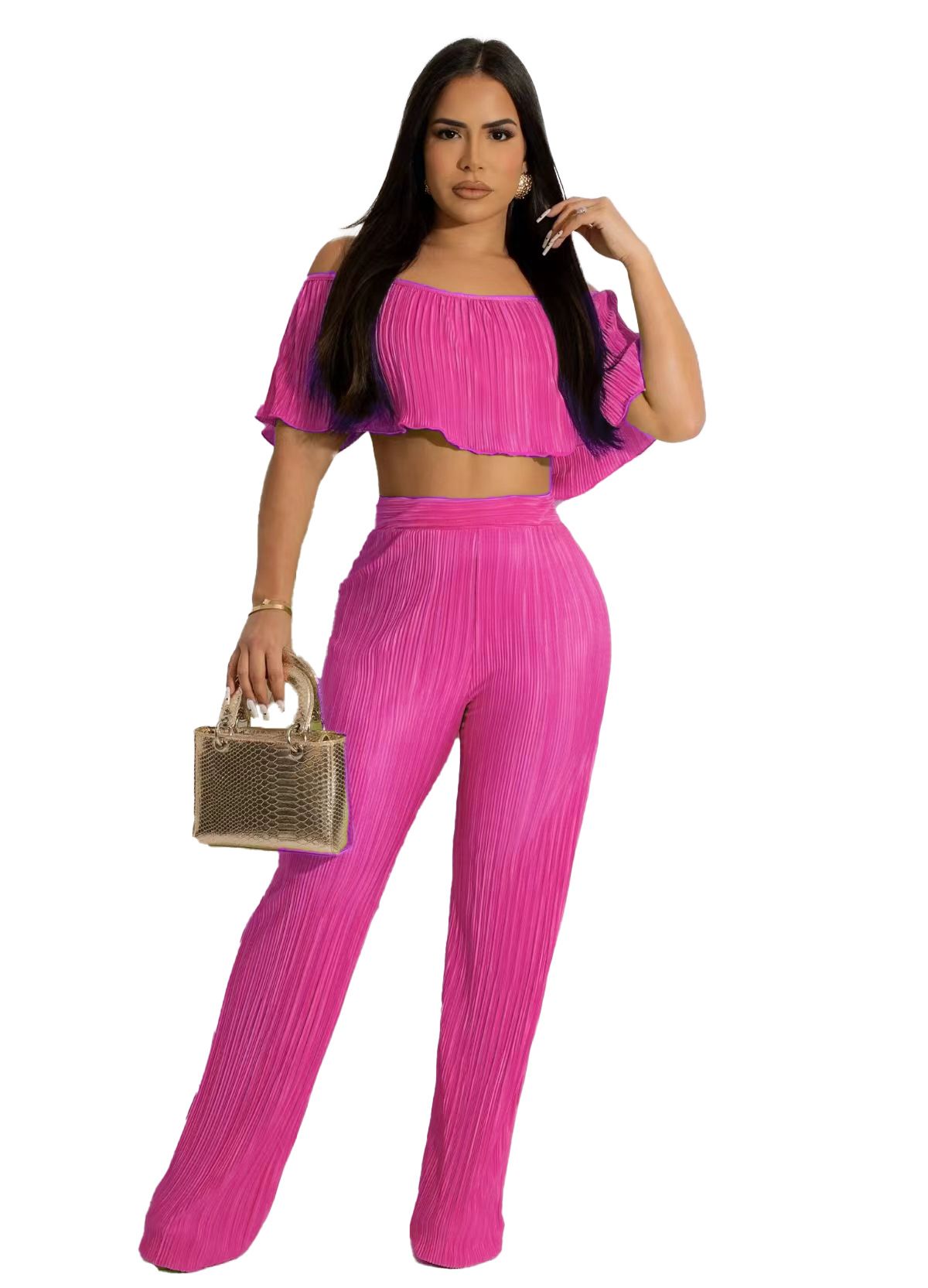 Women's Clothing With Pleated Solid Color Strapless Chest Wrap Loose Flared Pants Two Piece Suit_ecoleips.com