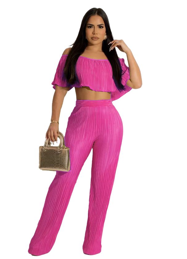 Women's Clothing With Pleated Solid Color Strapless Chest Wrap Loose Flared Pants Two Piece Suit_ecoleips.com