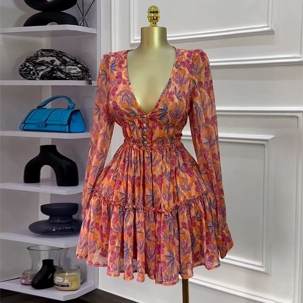 Women's Clothing Spring New Sweet Fresh Print V Neck High Waist Slim Dress Short Skirt_ecoleips.com