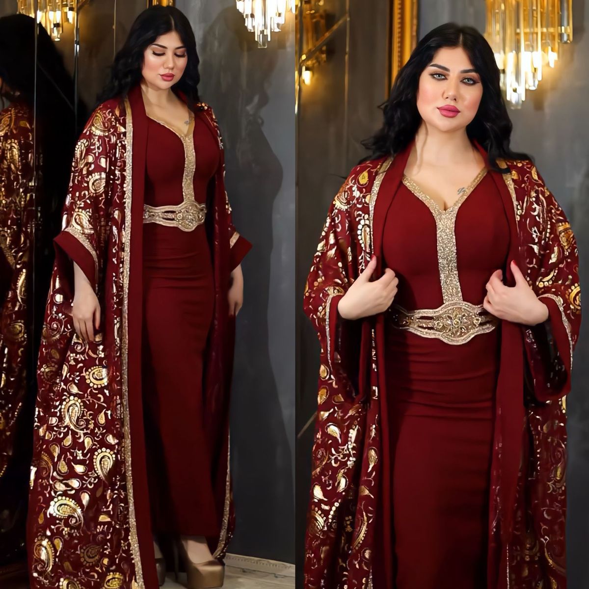 Z279 Muslim Saudi Abaya Women's Printed Dress Set Two-Piece Long Robe_ecoleips.com