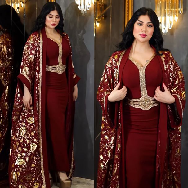 Z279 Muslim Saudi Abaya Women's Printed Dress Set Two-Piece Long Robe_ecoleips.com
