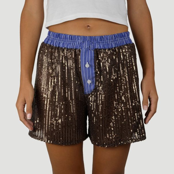 2025 Women's Patchwork Pajama Shorts Sparkly Sequined Striped Trim Low Rise Sleep Shorts For Summer_ecoleips.com