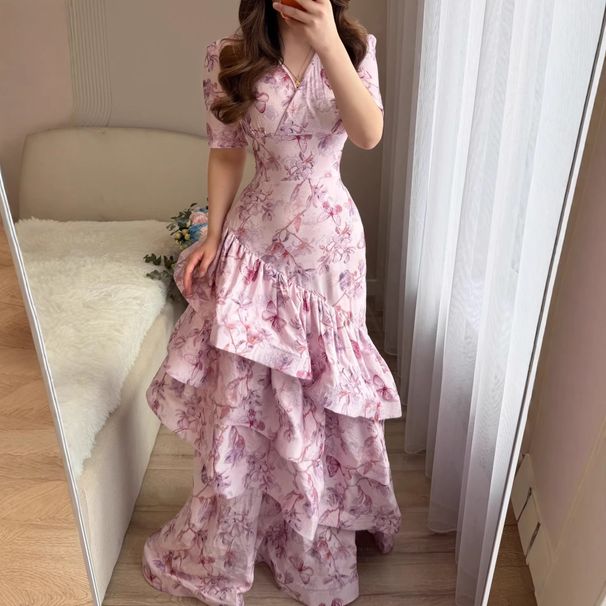 Summer New Style Women's Elegant V Neck Floral Ruffle Slim Fit Long Fishtail Dress Fashion_ecoleips.com