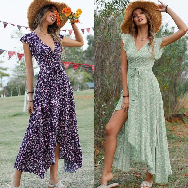 Bohemian Beach Vacation Dress Rayon Print V Neck Tie up Fitted Asymmetrical Flared Skirt Women's Clothing_ecoleips.com