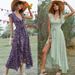 Bohemian Beach Vacation Dress Rayon Print V Neck Tie up Fitted Asymmetrical Flared Skirt Women's Clothing_ecoleips.com
