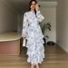 2026 Spring European And American Foreign Trade Elegant Lace-Up Floral Stand Collar Long Buttoned Charming Dress_ecoleips.com