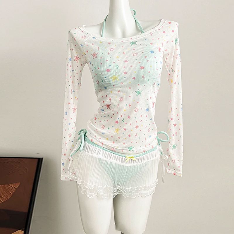 Women's Long Sleeve Two Piece Swimsuit Sexy Sweet Style Hot Girl Bikini For Beach Vacation Four Piece Hot Spring Swimsuit_ecoleips.com