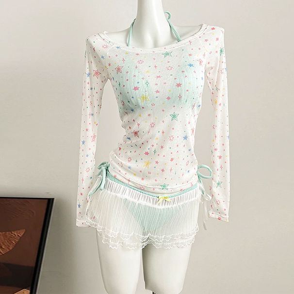 Women's Long Sleeve Two Piece Swimsuit Sexy Sweet Style Hot Girl Bikini For Beach Vacation Four Piece Hot Spring Swimsuit_ecoleips.com