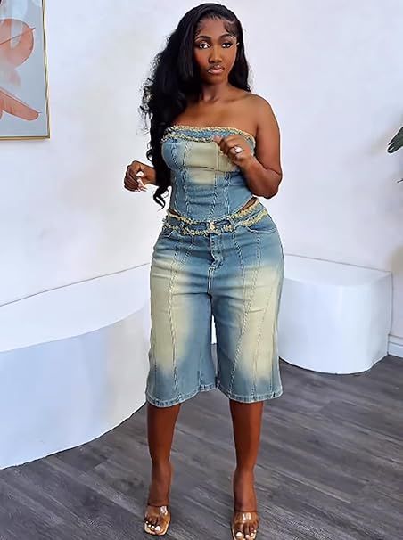 Women's Fashion Frayed Edge Tube Top High-Waisted Denim Shorts Set American Style Spring/Summer Pant Set_ecoleips.com