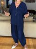 Women's Clothing Casual Cotton Linen Two Piece Set Elastic Waist Solid Color Pants With Shirt_ecoleips.com
