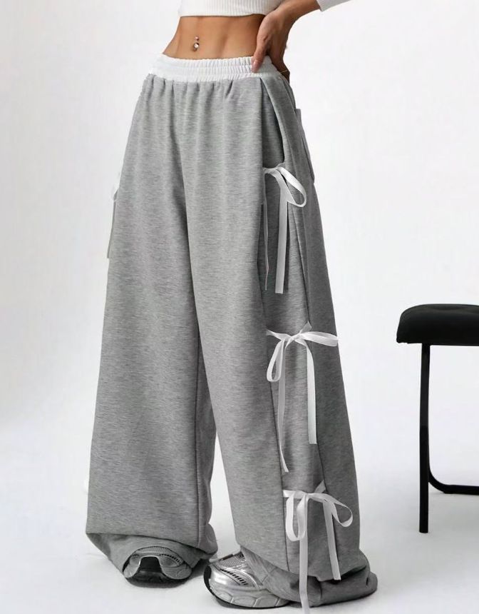 European And American Women's Clothing 2025 New Women's Casual Bow Contrast Color Stitching Drawstring Sports Casual Pants_ecoleips.com