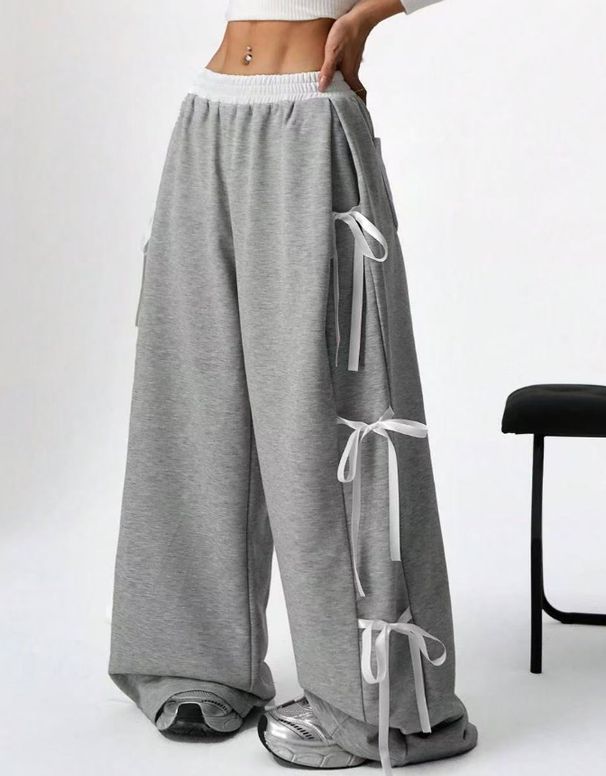 European And American Women's Clothing 2025 New Women's Casual Bow Contrast Color Stitching Drawstring Sports Casual Pants_ecoleips.com