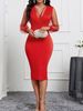 Women's Clothing Solid Color V Neck Mesh Long Sleeve Solid Color Elegant Slim Hip Dress_ecoleips.com