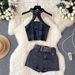 Street Style Hot Girl Denim For Women Summer New Halter Neck Short Top And Skirt Two-Piece Set_ecoleips.com
