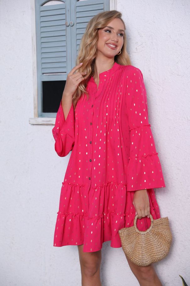 2024 European And American Cross-border Foreign Trade Spring New Women's Printed Gold-embossed Pleated Bell-sleeve Loose_ecoleips.com