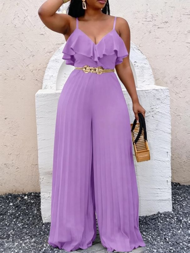 Holiday Style Women's Lotus Leaf Edge Suspender Jumpsuit, Thin And Breathable, Solid Color, Suspender Wide Legs, Travel_ecoleips.com