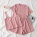 Women's Waffle Knit Short Sleeve T-Shirt & Wide Leg Shorts 3-Piece Set - Casual Loungewear Outfit_ecoleips.com