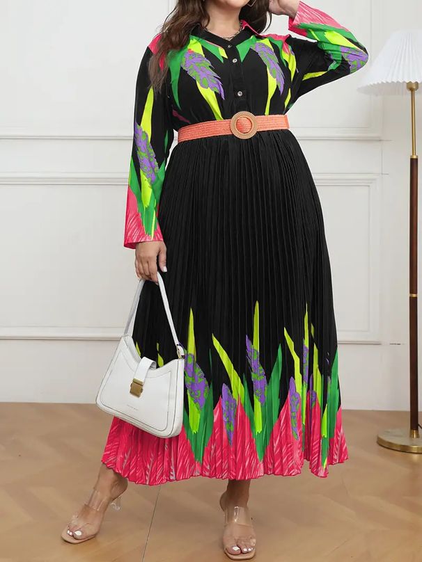 Plus Size Floral Print Pleated Maxi Dress With Belt - Elegant Long Sleeve Dress For Women (0XL-5XL, Multi-Color Options)_ecoleips.com