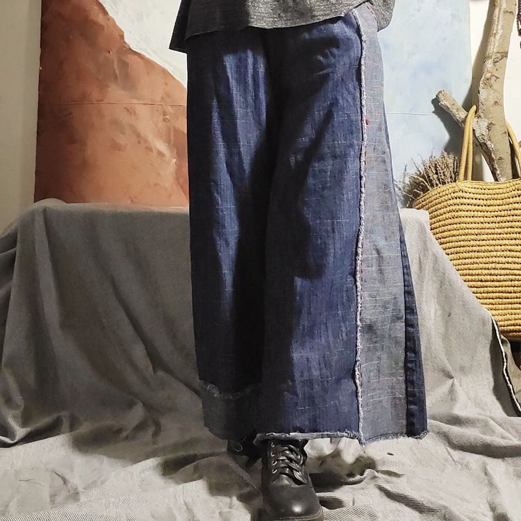 Yierfei Original 2023 Autumn Winter Denim Elastic Waist Loose Wide-Leg Color-Block Black Hand-Stitched Long Pants_ecoleips.com
