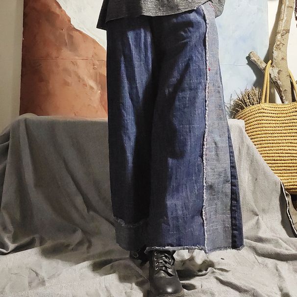 Yierfei Original 2023 Autumn Winter Denim Elastic Waist Loose Wide-Leg Color-Block Black Hand-Stitched Long Pants_ecoleips.com