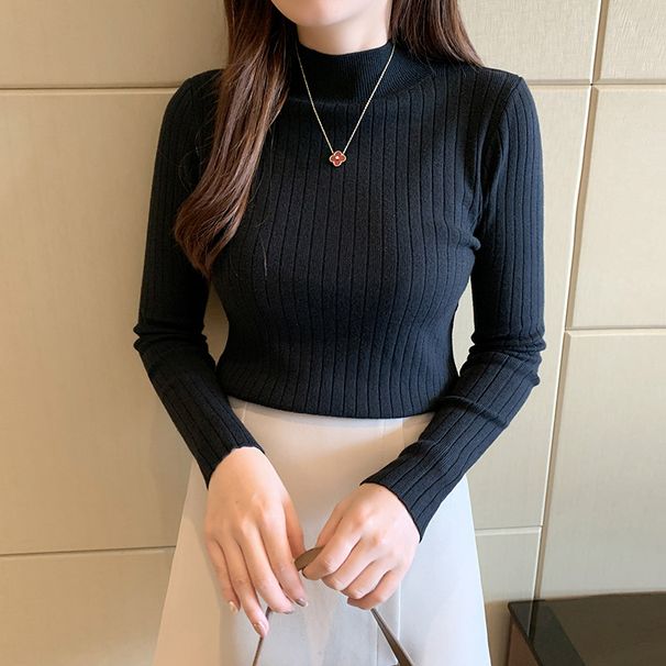 Autumn Winter New Women's Half-Polo Turtle Neck Knit Sweater Solid Color Base Layer Top Inner Outer Wear Stylish Medium Length_ecoleips.com