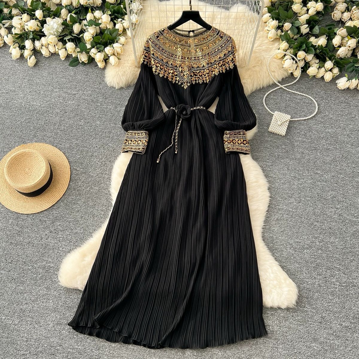 Women's Clothing Winter Heavy Beaded Sequins Loose Waist Long Pleated Dress Skirt_ecoleips.com