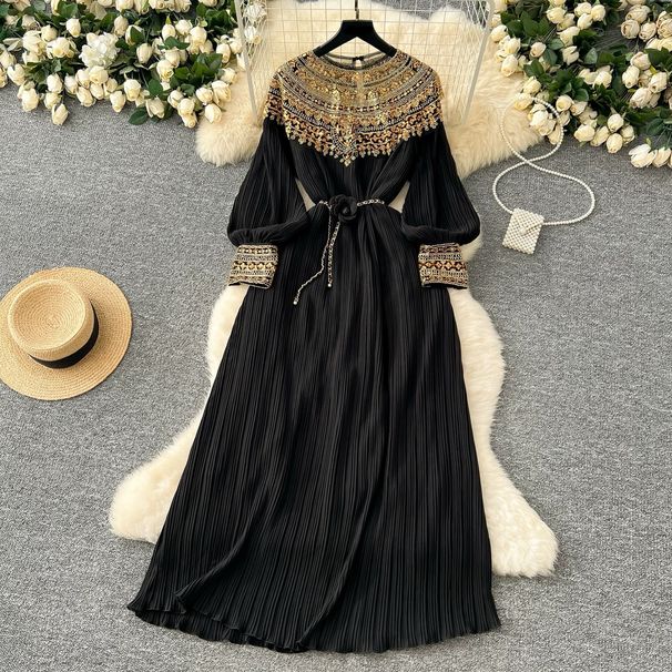 Women's Clothing Winter Heavy Beaded Sequins Loose Waist Long Pleated Dress Skirt_ecoleips.com