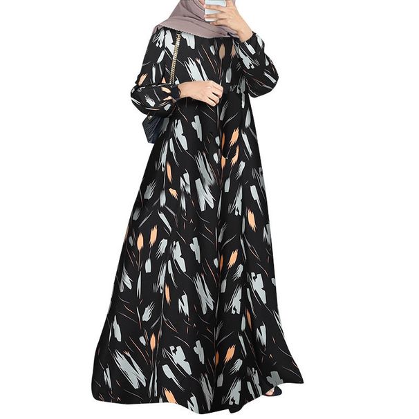 In Stock Cross-Border New Printed Middle Eastern Muslim Malay Full Sleeve Round Neck Robe Long Dress Factory Wholesale_ecoleips.com