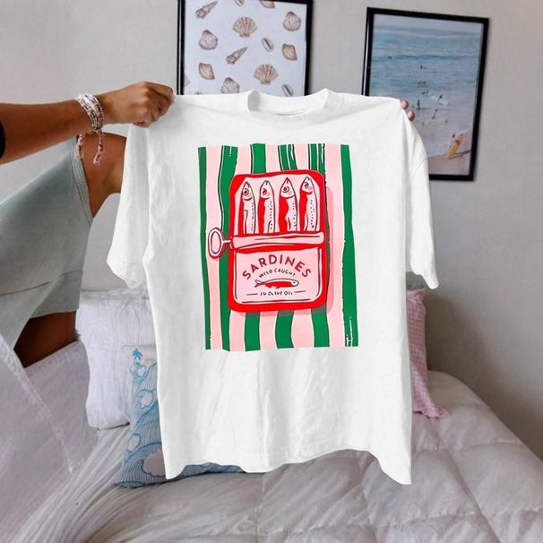 European And American Trade Round Neck Short Sleeve Striped Salted Fish Pattern Printed Summer New T-Shirt_ecoleips.com