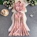 Elegant Lace Mermaid Evening Dress With Rhinestone Buttons - High Waist Tailored Fit Formal Gown For Women (Pink/Blue/White, S-Xxl)_ecoleips.com