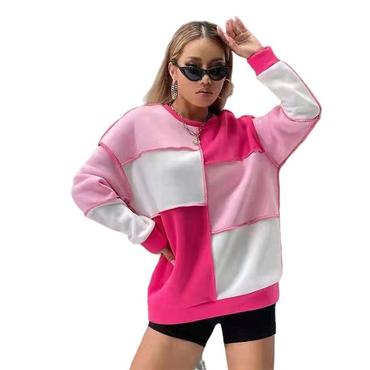 Women's Color Block Hooded Sweatshirt, Casual Loose Fit Long Sleeve Pullover, Soft Polyester-Spandex Blend Top For Fall & Winter (S-XXL)_ecoleips.com