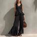 Women's Linen Ruffled Wide Leg Pants V Neck Button Up Top Resort Fashion Set New_ecoleips.com