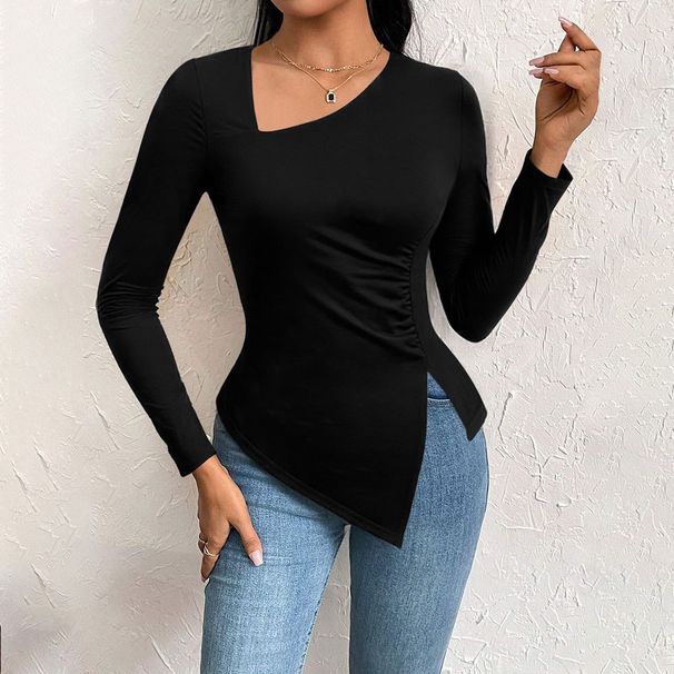 Voya Women's Fashionable And Elegant Slanted Neck T-shirt For Spring And Summer, Versatile Commuter Long Sleeved Top_ecoleips.com