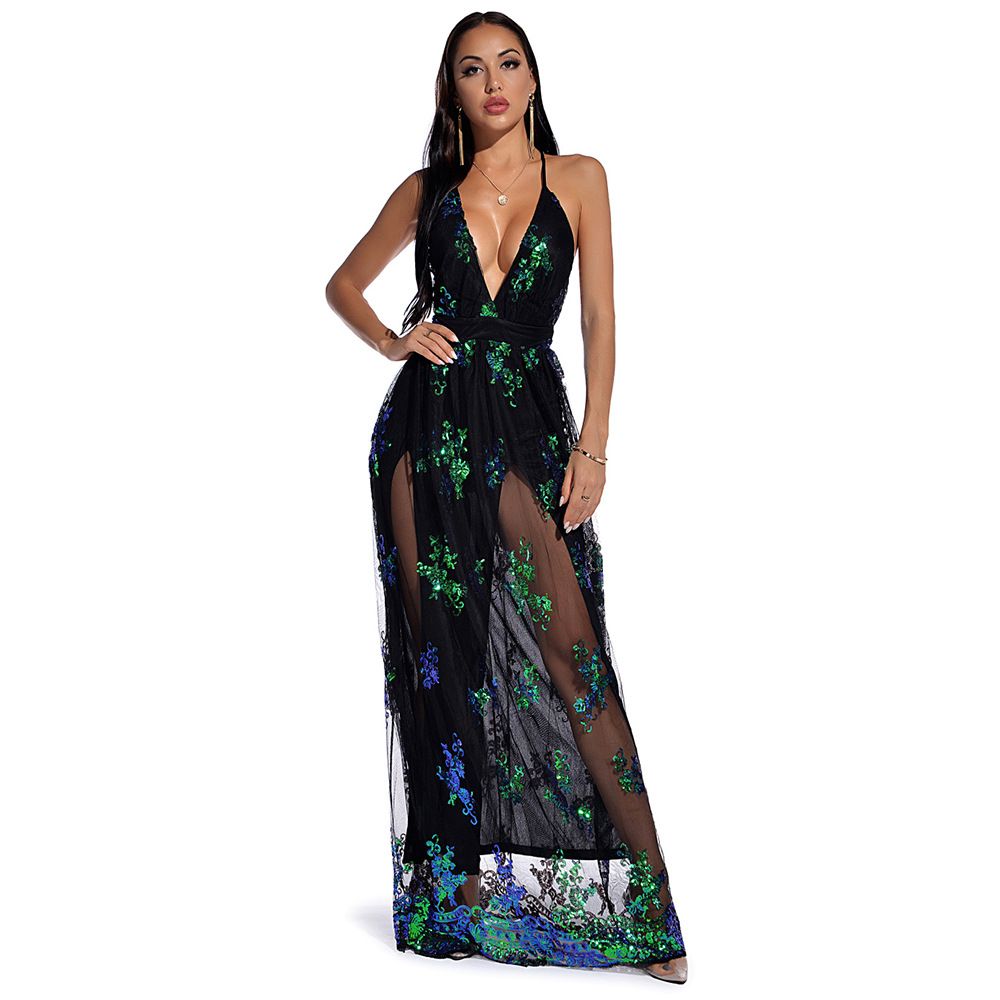 Elegant Backless Sequin Green Dress For Women - Retro A-Line Long Evening Gown With V-Neck & High Waist - Sexy Party Dress For Night Out_ecoleips.com