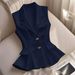 Women's Slim Fit Vest European American Style Suit Collar Double Breasted Bow Solid Color Gold Buttons Ruffled Hem Commuter Jacket_ecoleips.com