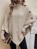Women's Clothing Batwing Sleeve Knit Sweater - High Neck Button Detail Pullover, Soft Acrylic-Polyester Blend, Oversized Cocoon Silhouette_ecoleips.com