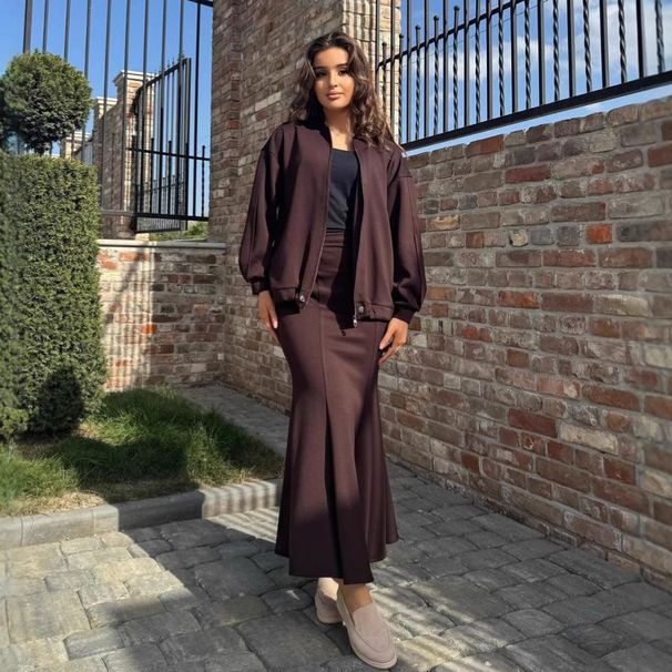 Women's Slim Fit Two Piece Set Autumn Casual Solid Color Sweatshirt Cardigan With Fishtail Bodycon Skirt_ecoleips.com