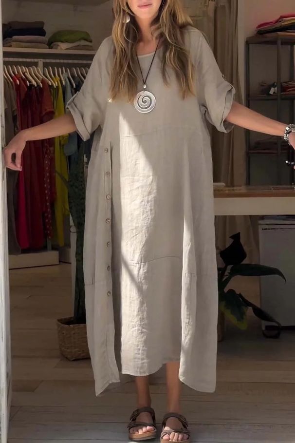 Women's Summer Style Loose Casual Solid Color Dress Short Sleeved Cotton And Linen Blend_ecoleips.com