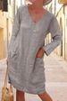 Women's Casual Long Sleeved V Neck Dress Loose Fit Solid Color Cotton Linen Pocket Detail Autumn Winter Clothing_ecoleips.com