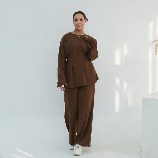 Modest Abaya Dress Premium Pleated Two-Piece Set – Modest V-Neck Top & Flowy Pants For Women (M/L/XL, 4 Elegant Colors)_ecoleips.com