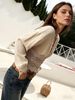 2026 Spring New Beige Cotton Crochet Cardigan Women's V-neck Lace Splicing Bubble Sleeves Bohemian Short Top_ecoleips.com