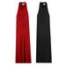Women's Satin Halter Neck Maxi Dress – High-Waisted Backless Evening Gown With Slit, Stretch Polyester For Clubwear & Vacation (Red/Black)_ecoleips.com