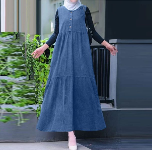 Women's Clothing Muslim Fashion Loose Large Size Sleeveless Long Solid Color Denim Dress_ecoleips.com
