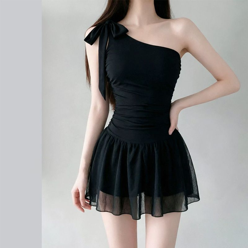 Women's One Piece Swimsuit Solid Color One Shoulder Dress Style Conservative Slimming Girlish Pure Sexy for Vacations And Hot Springs_ecoleips.com