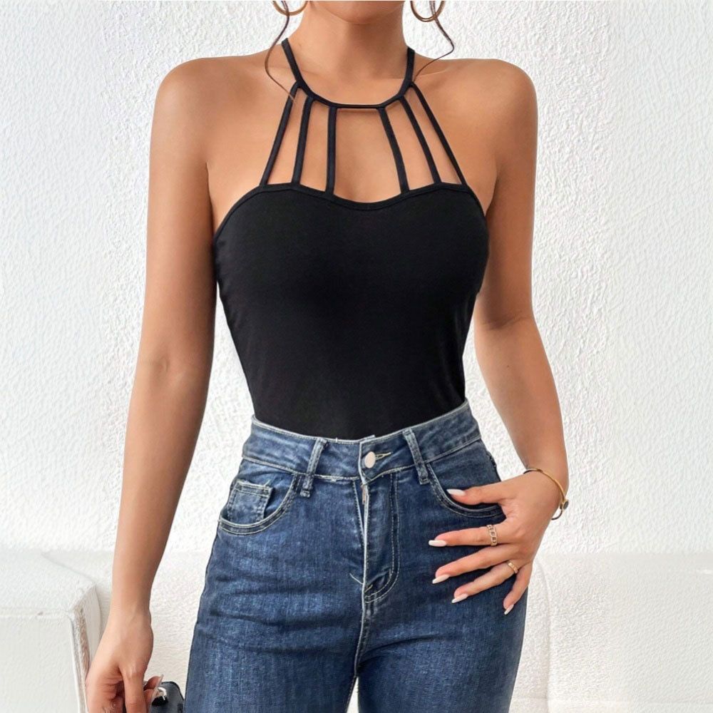 Voya Women's Fashion Street Style Hanging Neck T-shirt 2026 Spring/summer New Style Sexy Backless Slimming Short Top_ecoleips.com